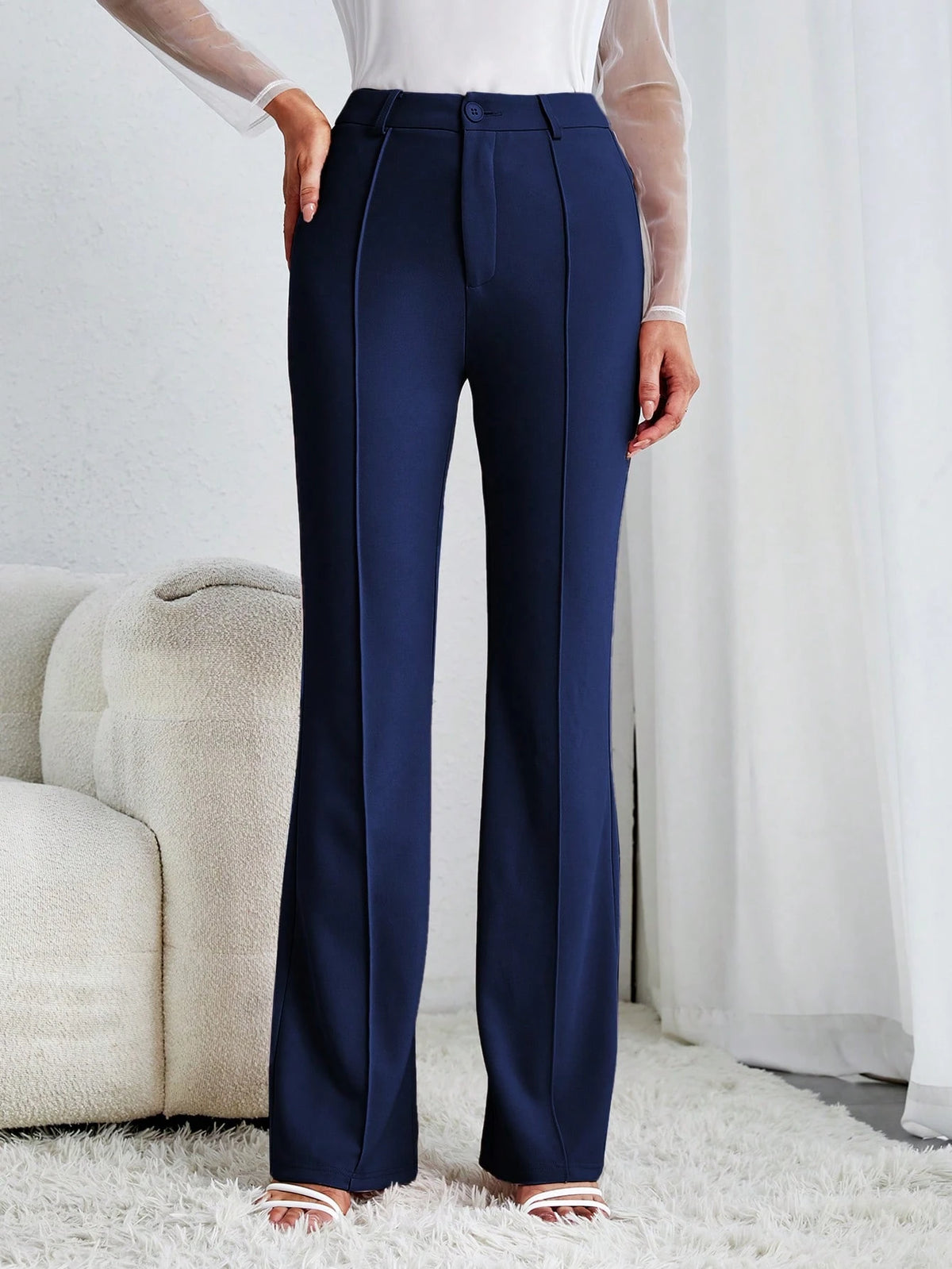 Tall Solid Flare Leg Pants,Ladies Spring/Fall Elegant Button High Waist Flare Leg Extra Long Black Skinny Women Pants,Professional/Business Attire/Workwear, Tall Women