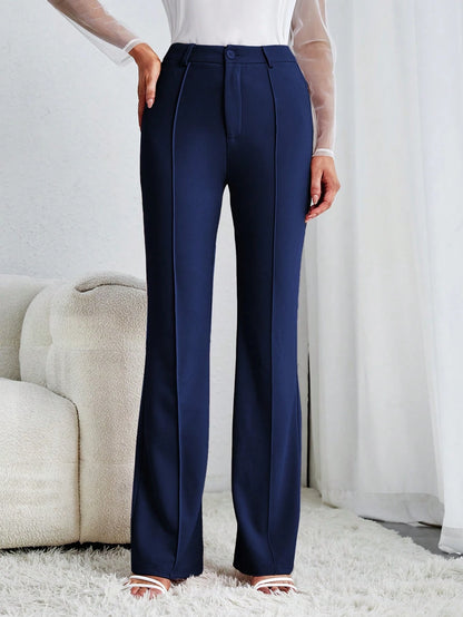 Tall Solid Flare Leg Pants,Ladies Spring/Fall Elegant Button High Waist Flare Leg Extra Long Black Skinny Women Pants,Professional/Business Attire/Workwear, Tall Women