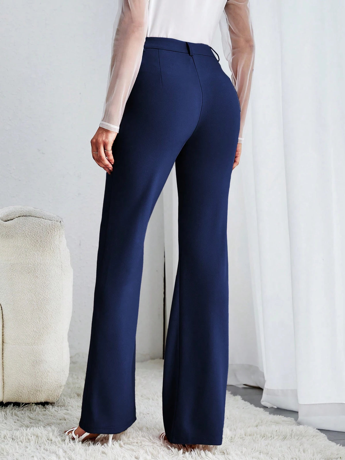 Tall Solid Flare Leg Pants,Ladies Spring/Fall Elegant Button High Waist Flare Leg Extra Long Black Skinny Women Pants,Professional/Business Attire/Workwear, Tall Women