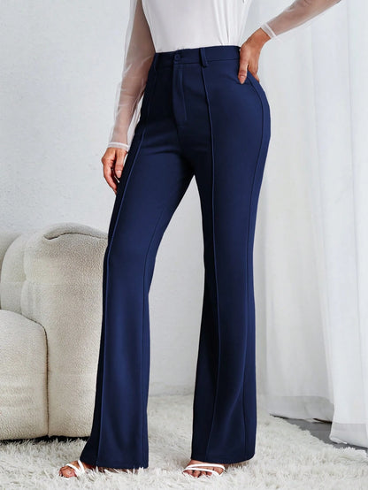 Tall Solid Flare Leg Pants,Ladies Spring/Fall Elegant Button High Waist Flare Leg Extra Long Black Skinny Women Pants,Professional/Business Attire/Workwear, Tall Women