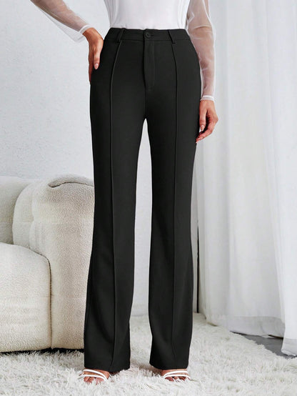 Tall Solid Flare Leg Pants,Ladies Spring/Fall Elegant Button High Waist Flare Leg Extra Long Black Skinny Women Pants,Professional/Business Attire/Workwear, Tall Women