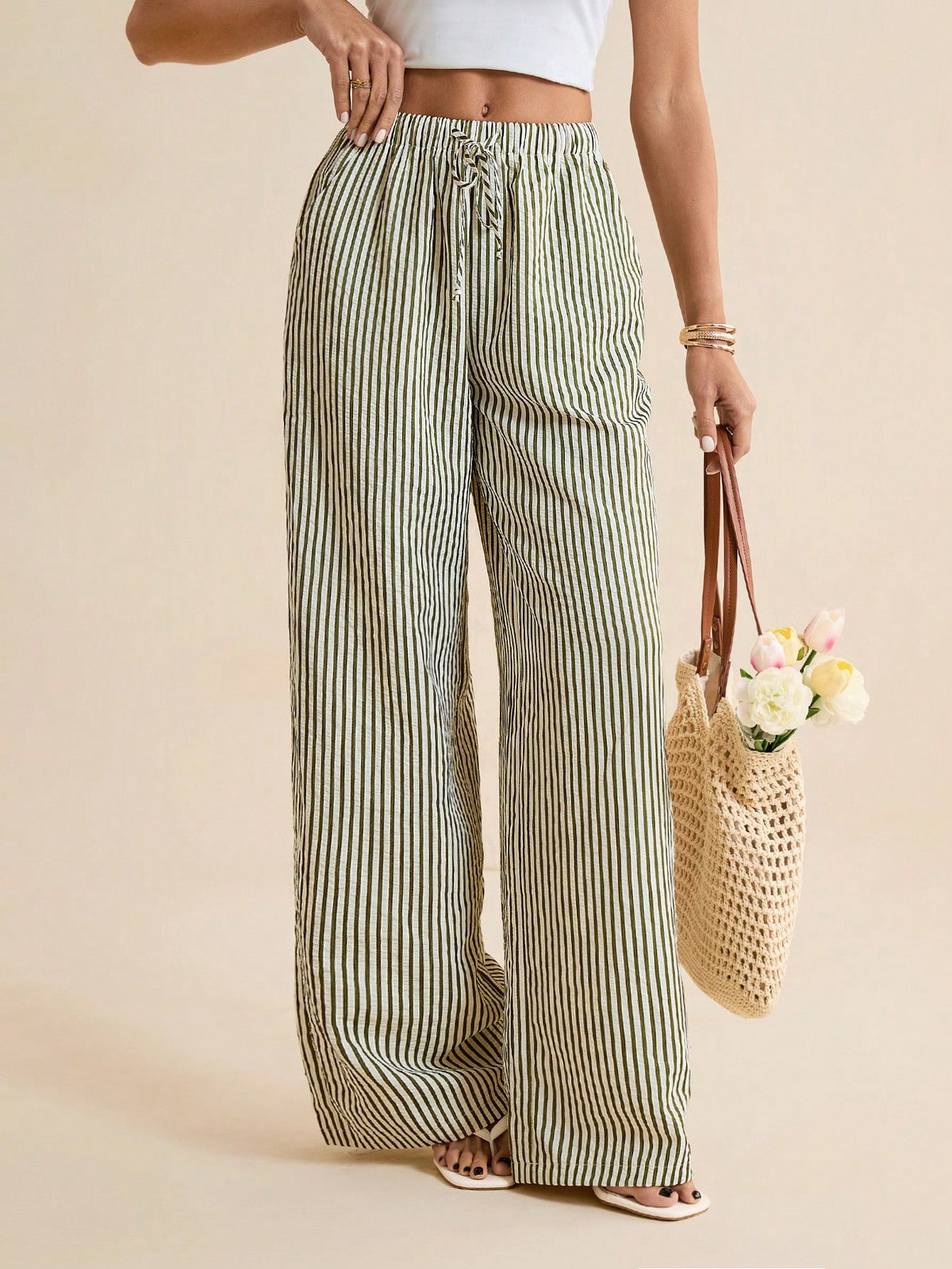 Tall Women Tie Waist Green And White Striped Wide Leg Loose Casual Pants,Cargo Pants, Tall Women Beach Autumn