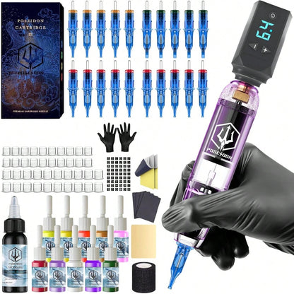 Tattoo Pen Kit- POSEIDON Wireless Tattoo Machine Kit, Tattoo Gun Kit With Tattoo Power Supply And 20 Pcs Tattoo Cartridge Needles, Complete Tattoo Kit Tattoo Supplies For Beginners(TK039)