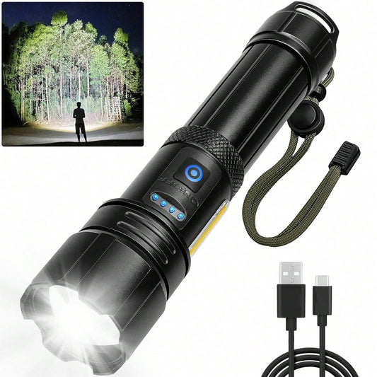 TazTir P90 Powerful LED Flashlight, Zoomable Rechargeable TorcP90 Rechargeable Flashlight, With USB Output & COB Sidelight, Ideal For Camping, Hiking, Night Running, Fishing, Emergency Repairs, Home U