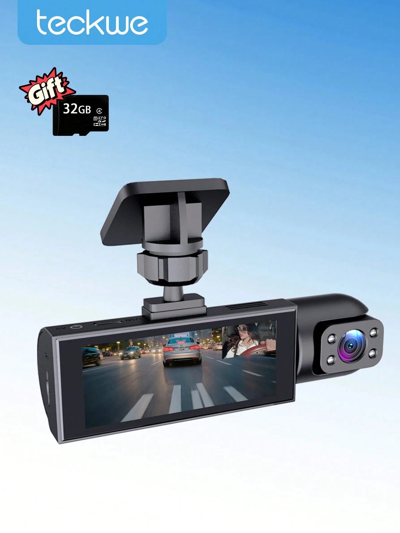 Teckwe 4K Dash Cam Front And Rear, Full HD 3 Channel Dashcam, Free 32GB Memory Card, Built-In WiFi Built-In GPS, Collision Sensor, Night Vision, HDR, IPS, 24h Parking Mode