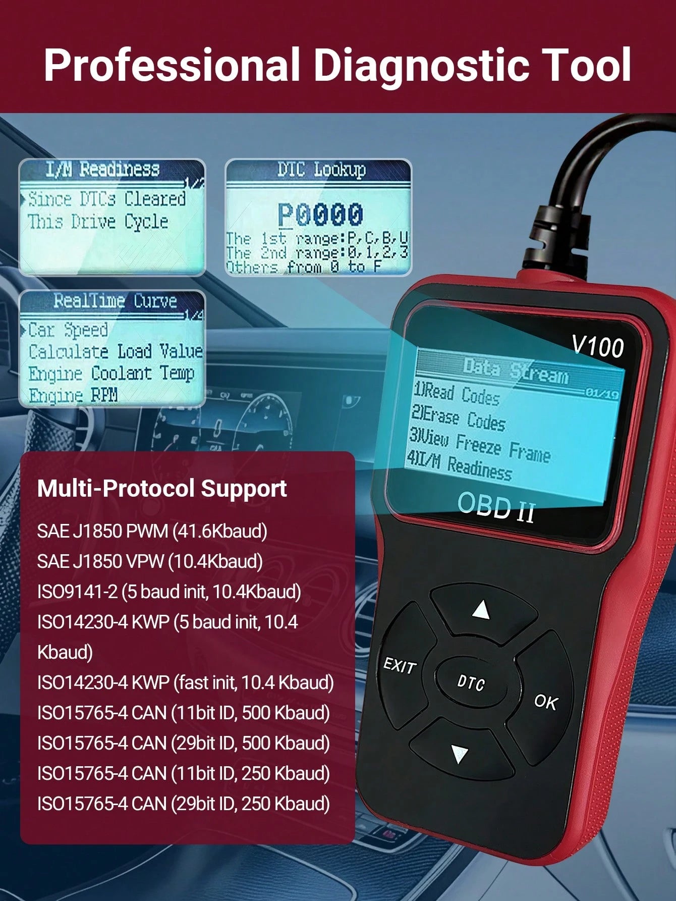 Teckwe Professional Car OBD II Scan Tool, Engine Fault Code Reader & Eraser, Automotive Diagnostic Tool With Live Data Stream, I/M Readiness Check For All OBDII Protocol Vehicles