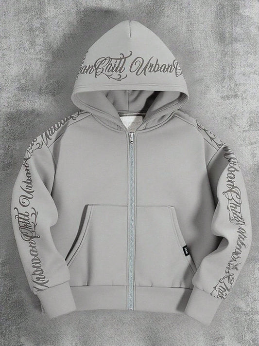 Teen Boys' Grey Oversized Letter Floral Autumn Sweatshirt, Zip Up Urban Graphic Sweatshirt, Streetwear, Winter, Black, Graduation, Back-To-School