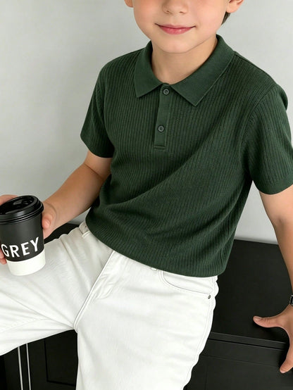 Teen Boys Minimalist Vertical Striped Knit Polo Shirt, Elastic Soft Versatile Daily Short Sleeve Knit Top