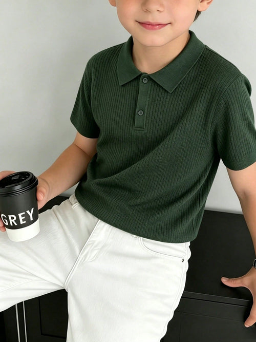 Teen Boys Minimalist Vertical Striped Knit Polo Shirt, Elastic Soft Versatile Daily Short Sleeve Knit Top