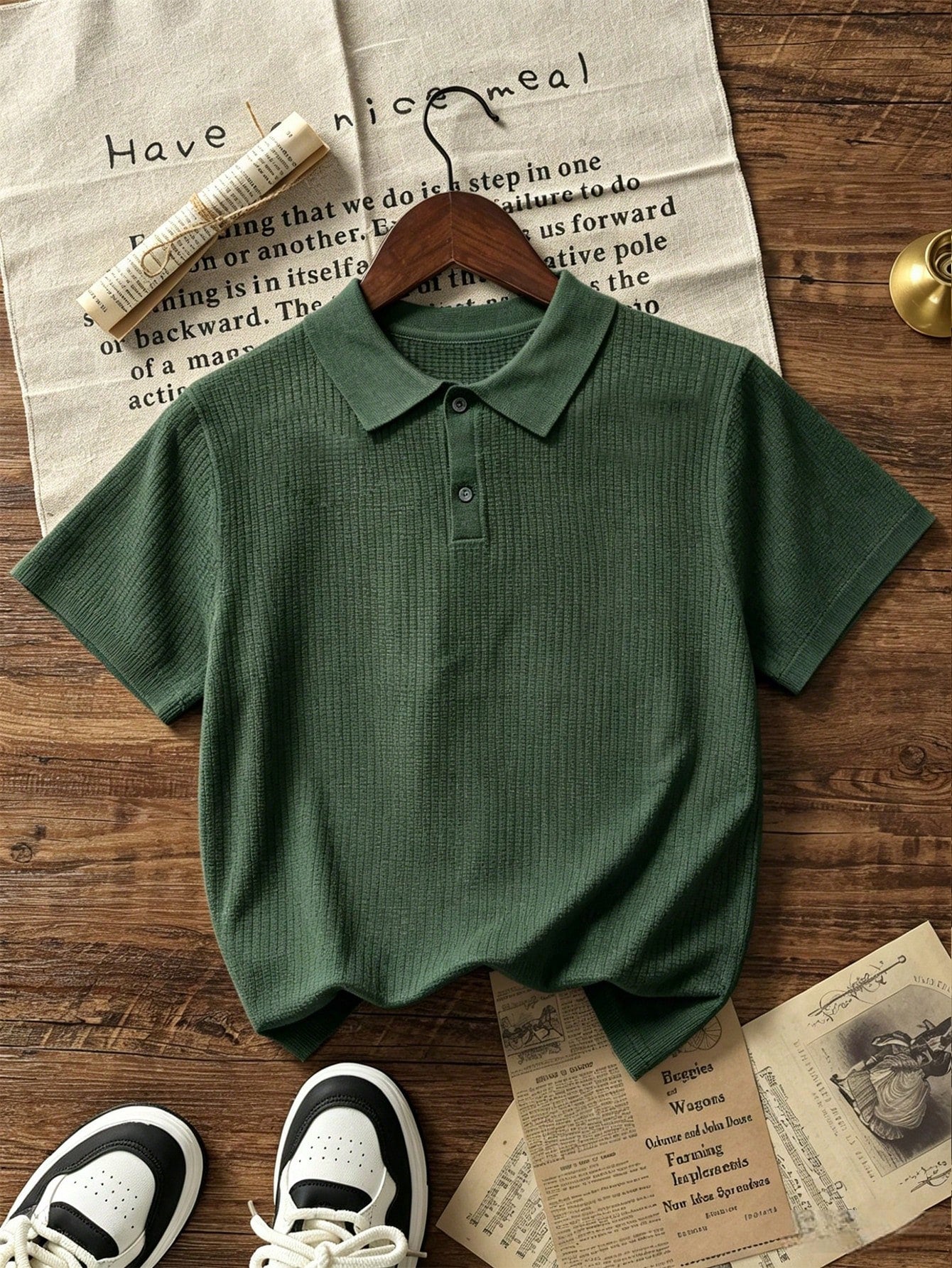 Teen Boys Minimalist Vertical Striped Knit Polo Shirt, Elastic Soft Versatile Daily Short Sleeve Knit Top
