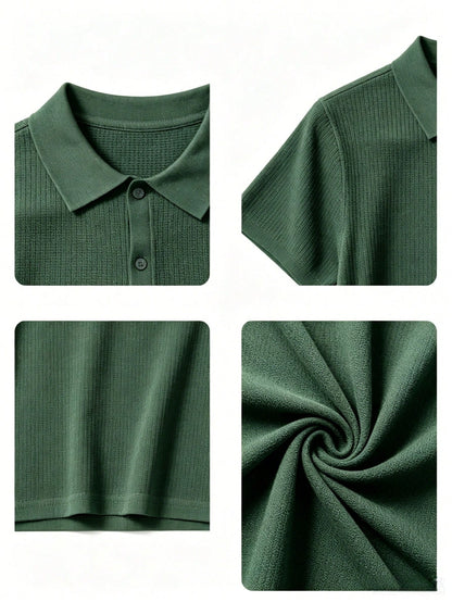Teen Boys Minimalist Vertical Striped Knit Polo Shirt, Elastic Soft Versatile Daily Short Sleeve Knit Top