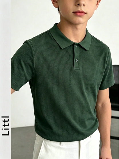 Teen Boys Minimalist Vertical Striped Knit Polo Shirt, Elastic Soft Versatile Daily Short Sleeve Knit Top