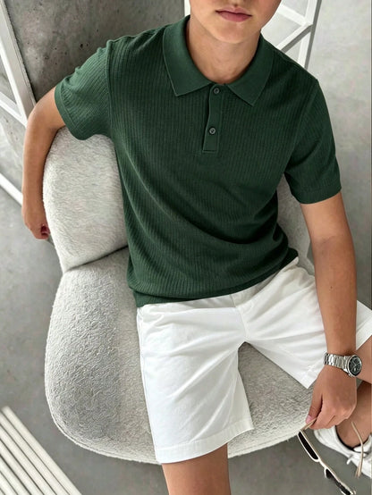 Teen Boys Minimalist Vertical Striped Knit Polo Shirt, Elastic Soft Versatile Daily Short Sleeve Knit Top
