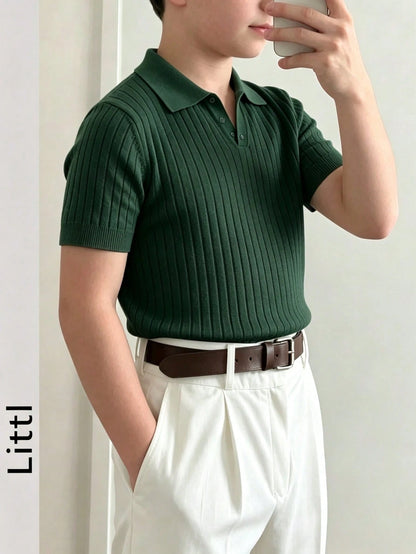 Teen Boys Minimalist Vertical Striped Knit Polo Shirt, Elastic Soft Versatile Daily Short Sleeve Knit Top