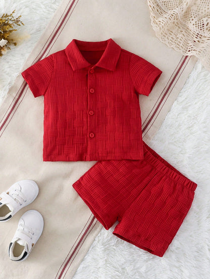 Textured Shirt & Shorts Set, Fashionable Streetwear Style For Baby Boys