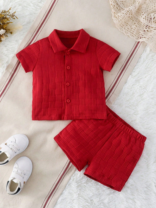 Textured Shirt & Shorts Set, Fashionable Streetwear Style For Baby Boys