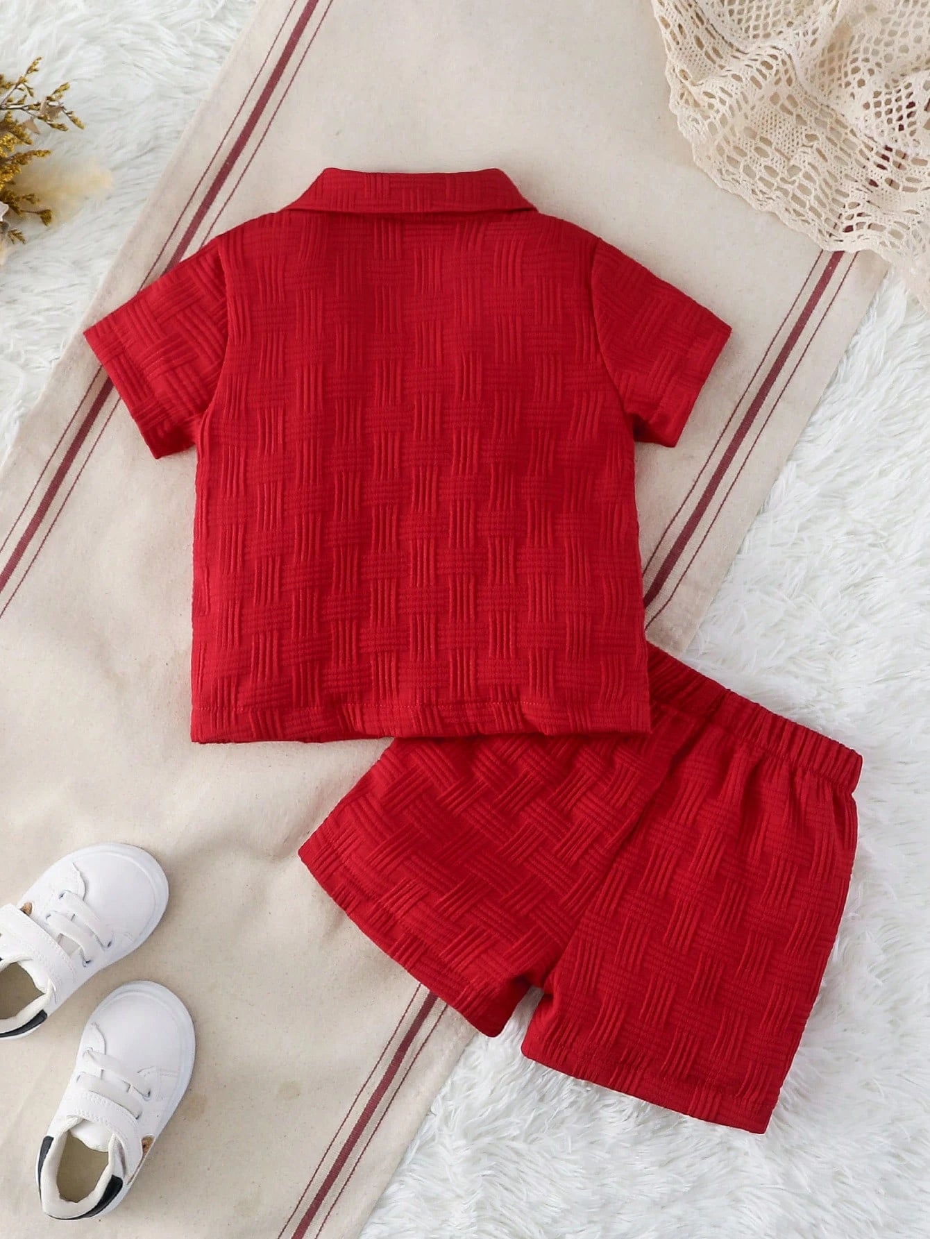 Textured Shirt & Shorts Set, Fashionable Streetwear Style For Baby Boys