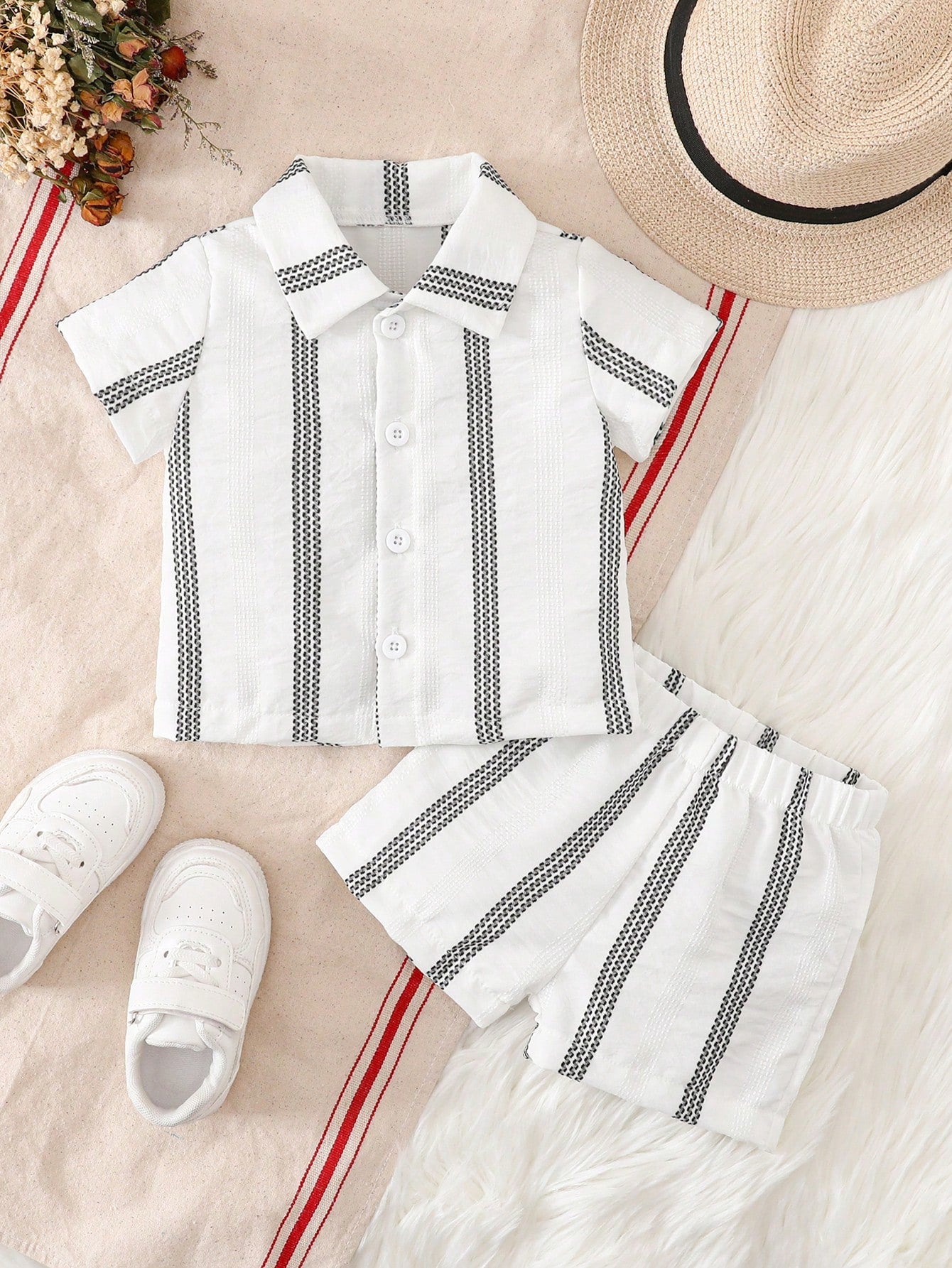 Textured Shirt & Shorts Set, Fashionable Streetwear Style For Baby Boys