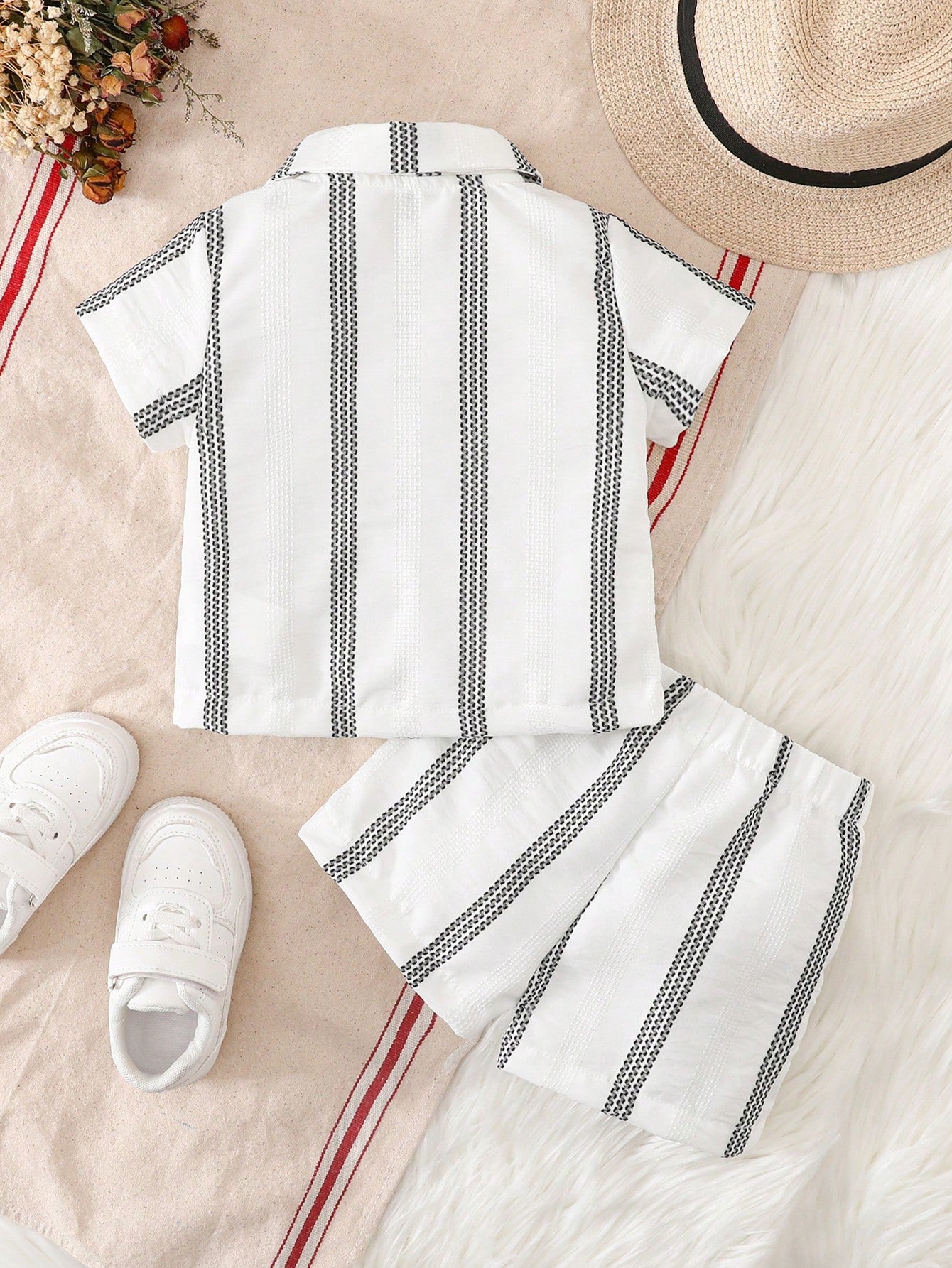 Textured Shirt & Shorts Set, Fashionable Streetwear Style For Baby Boys