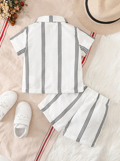 Textured Shirt & Shorts Set, Fashionable Streetwear Style For Baby Boys