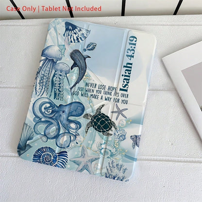 The Blue Marine Bio Pattern 3+Y Foldable Tablet Protective Case Is Compatible With IPad10th Generation Cases, IPadA16, 11-Inch Pro (2020/2021/10th Generation), And Soft Edge Air Cases. Featuring A Bu