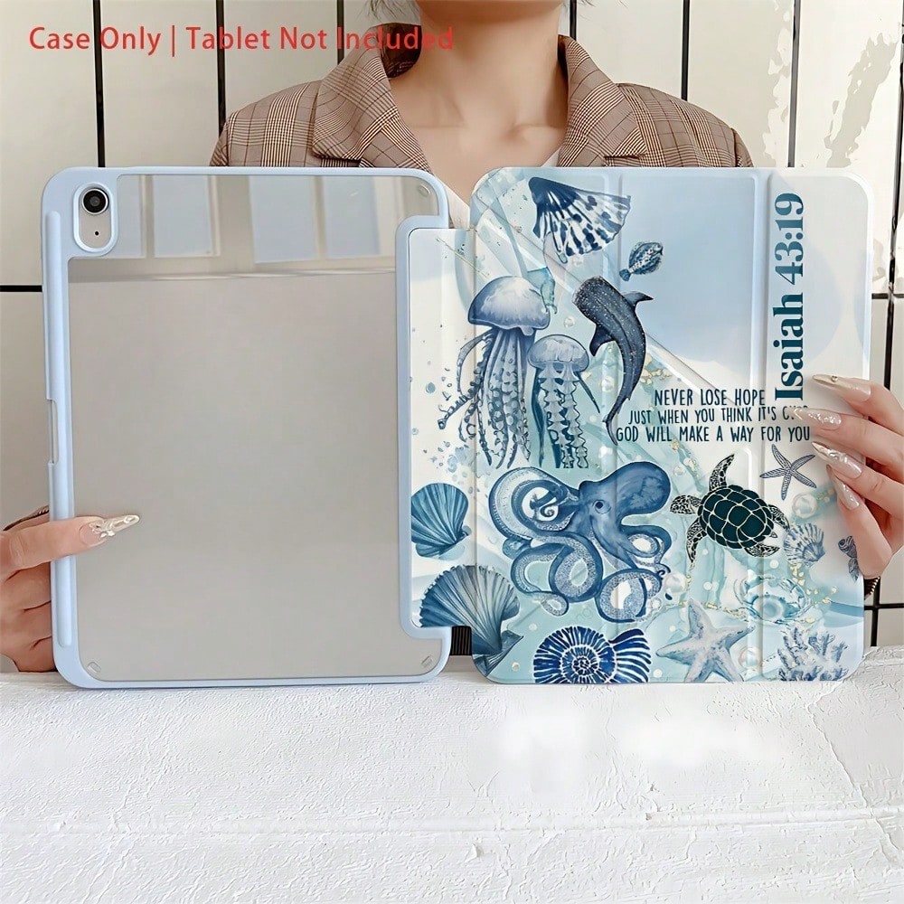 The Blue Marine Bio Pattern 3+Y Foldable Tablet Protective Case Is Compatible With IPad10th Generation Cases, IPadA16, 11-Inch Pro (2020/2021/10th Generation), And Soft Edge Air Cases. Featuring A Bu
