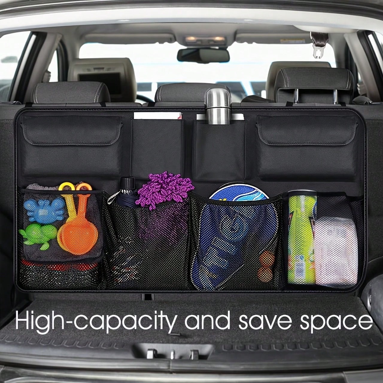 The Rear Seat Suspension Storage Bag Is Designed Specifically For Organizing And Storing Items In The Trunk Of SUVs, Trucks, And MPVs. It Is Waterproof And Foldable, Equipped With Four Pockets, Provid