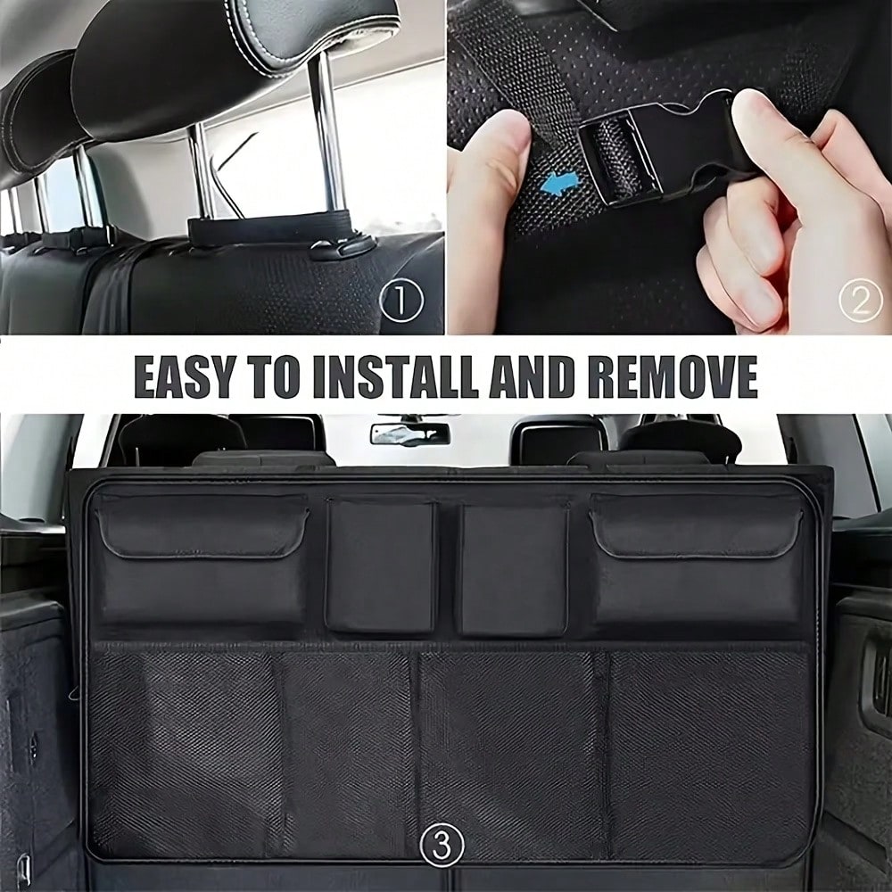 The Rear Seat Suspension Storage Bag Is Designed Specifically For Organizing And Storing Items In The Trunk Of SUVs, Trucks, And MPVs. It Is Waterproof And Foldable, Equipped With Four Pockets, Provid