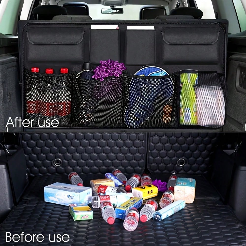 The Rear Seat Suspension Storage Bag Is Designed Specifically For Organizing And Storing Items In The Trunk Of SUVs, Trucks, And MPVs. It Is Waterproof And Foldable, Equipped With Four Pockets, Provid