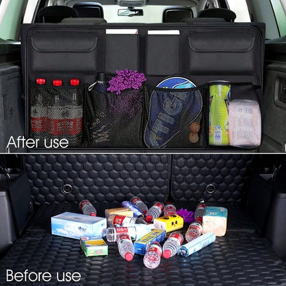The Rear Seat Suspension Storage Bag Is Designed Specifically For Organizing And Storing Items In The Trunk Of SUVs, Trucks, And MPVs. It Is Waterproof And Foldable, Equipped With Four Pockets, Provid