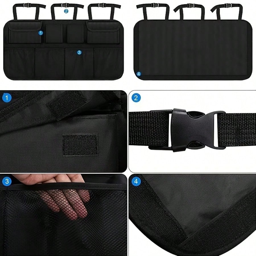 The Rear Seat Suspension Storage Bag Is Designed Specifically For Organizing And Storing Items In The Trunk Of SUVs, Trucks, And MPVs. It Is Waterproof And Foldable, Equipped With Four Pockets, Provid