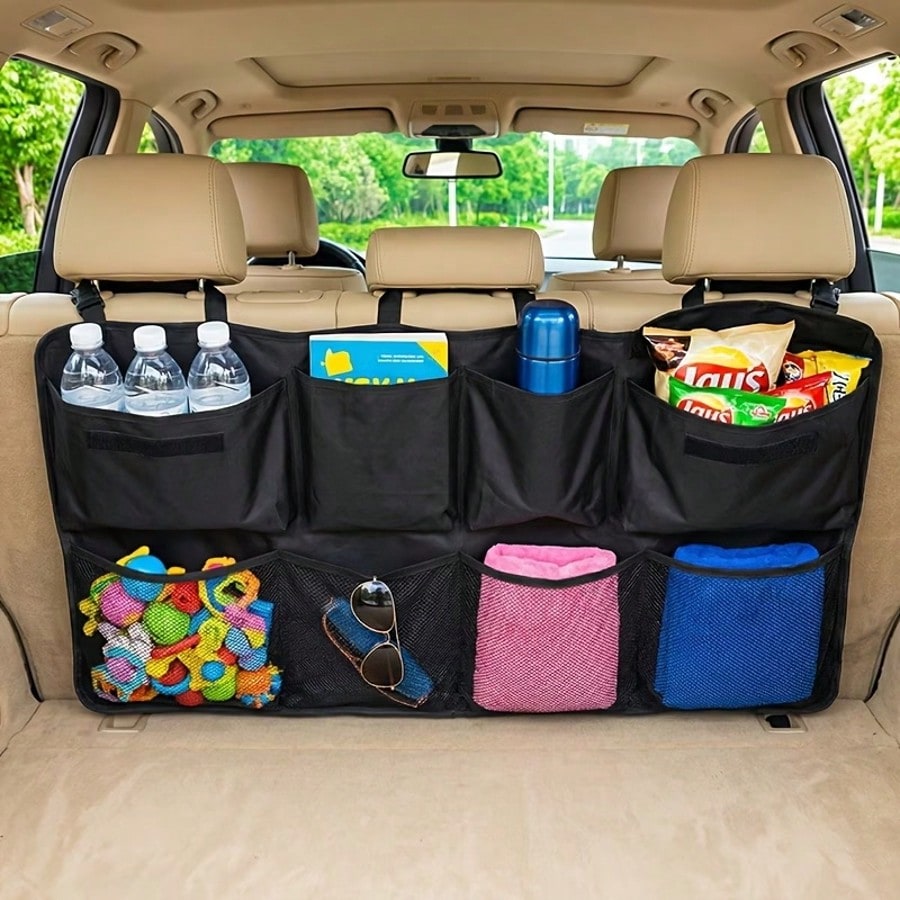 The Rear Seat Suspension Storage Bag Is Designed Specifically For Organizing And Storing Items In The Trunk Of SUVs, Trucks, And MPVs. It Is Waterproof And Foldable, Equipped With Four Pockets, Provid