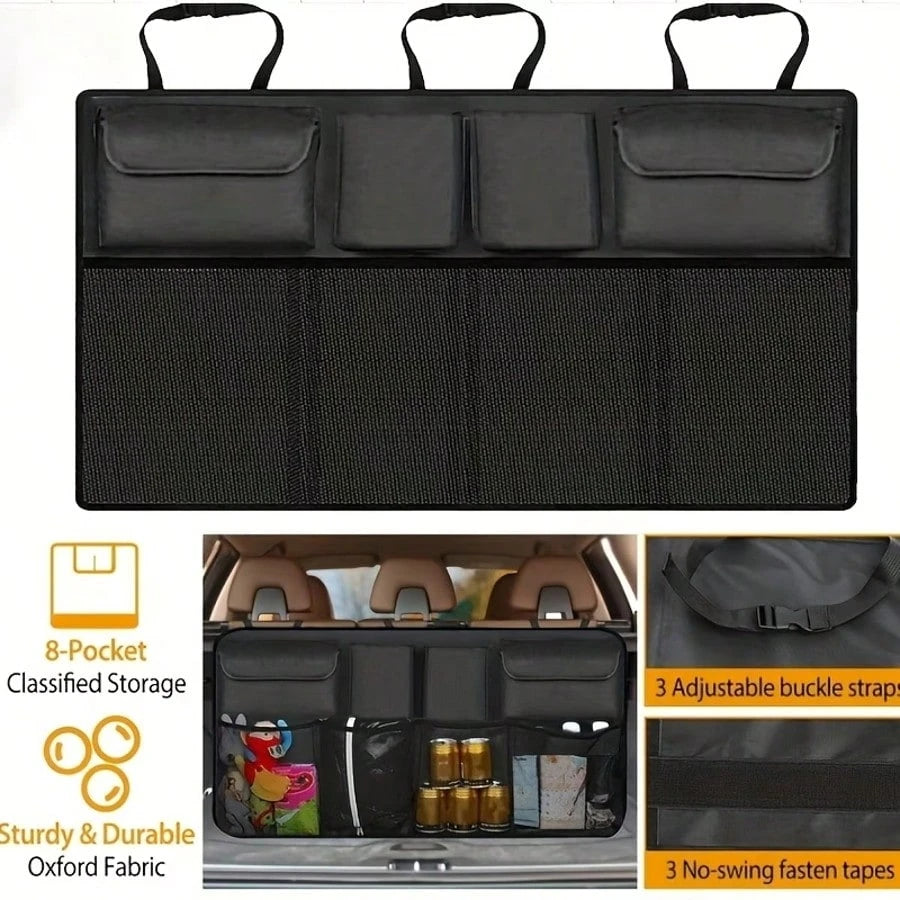 The Rear Seat Suspension Storage Bag Is Designed Specifically For Organizing And Storing Items In The Trunk Of SUVs, Trucks, And MPVs. It Is Waterproof And Foldable, Equipped With Four Pockets, Provid