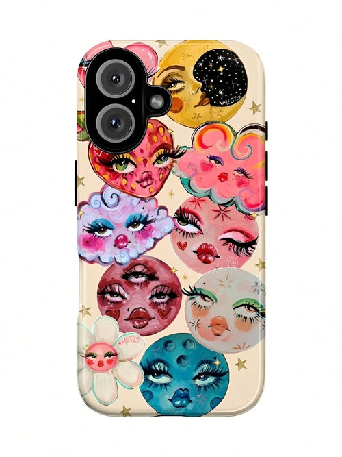 This 2-In-1 Thick Phone Case Features A Fantastical Starry Sky Design With Vibrant Moon And Floral Patterns, Exuding A Stylish Flair. Suitable For Compatible Phones: 17, 17air, 16, 15, 14, 13, 12, 11