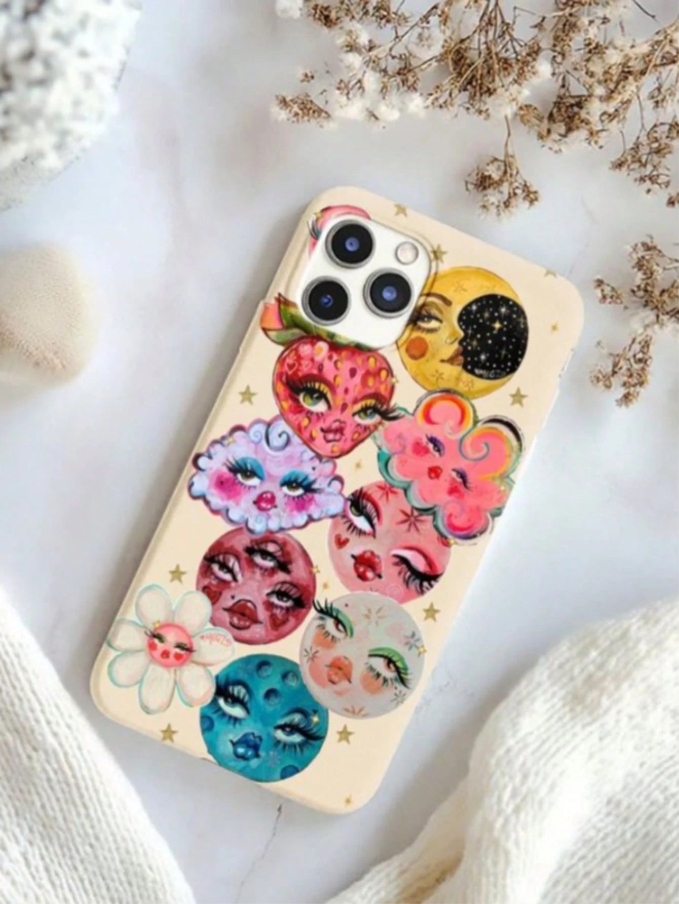 This 2-In-1 Thick Phone Case Features A Fantastical Starry Sky Design With Vibrant Moon And Floral Patterns, Exuding A Stylish Flair. Suitable For Compatible Phones: 17, 17air, 16, 15, 14, 13, 12, 11