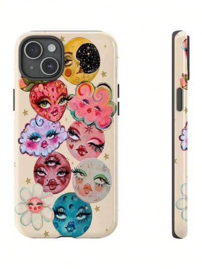 This 2-In-1 Thick Phone Case Features A Fantastical Starry Sky Design With Vibrant Moon And Floral Patterns, Exuding A Stylish Flair. Suitable For Compatible Phones: 17, 17air, 16, 15, 14, 13, 12, 11