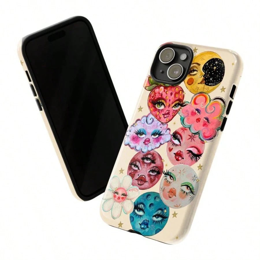 This 2-In-1 Thick Phone Case Features A Fantastical Starry Sky Design With Vibrant Moon And Floral Patterns, Exuding A Stylish Flair. Suitable For Compatible Phones: 17, 17air, 16, 15, 14, 13, 12, 11