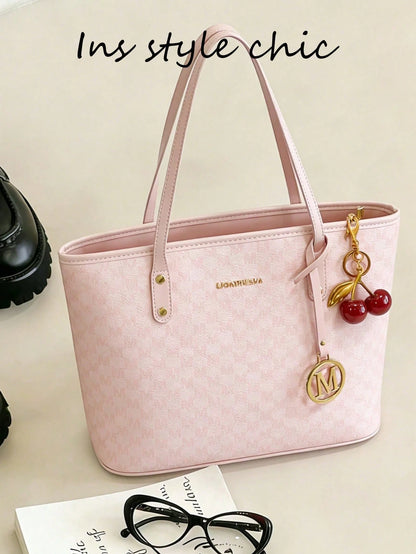 This Fashionable New Shoulder Bag Is Made Of Waterproof PU Fabric, Decorated With Letter Patterns And Cherry Charms. It Is A Large Capacity Handbag And Business Commuter Bag, Perfect For Shopping, Com