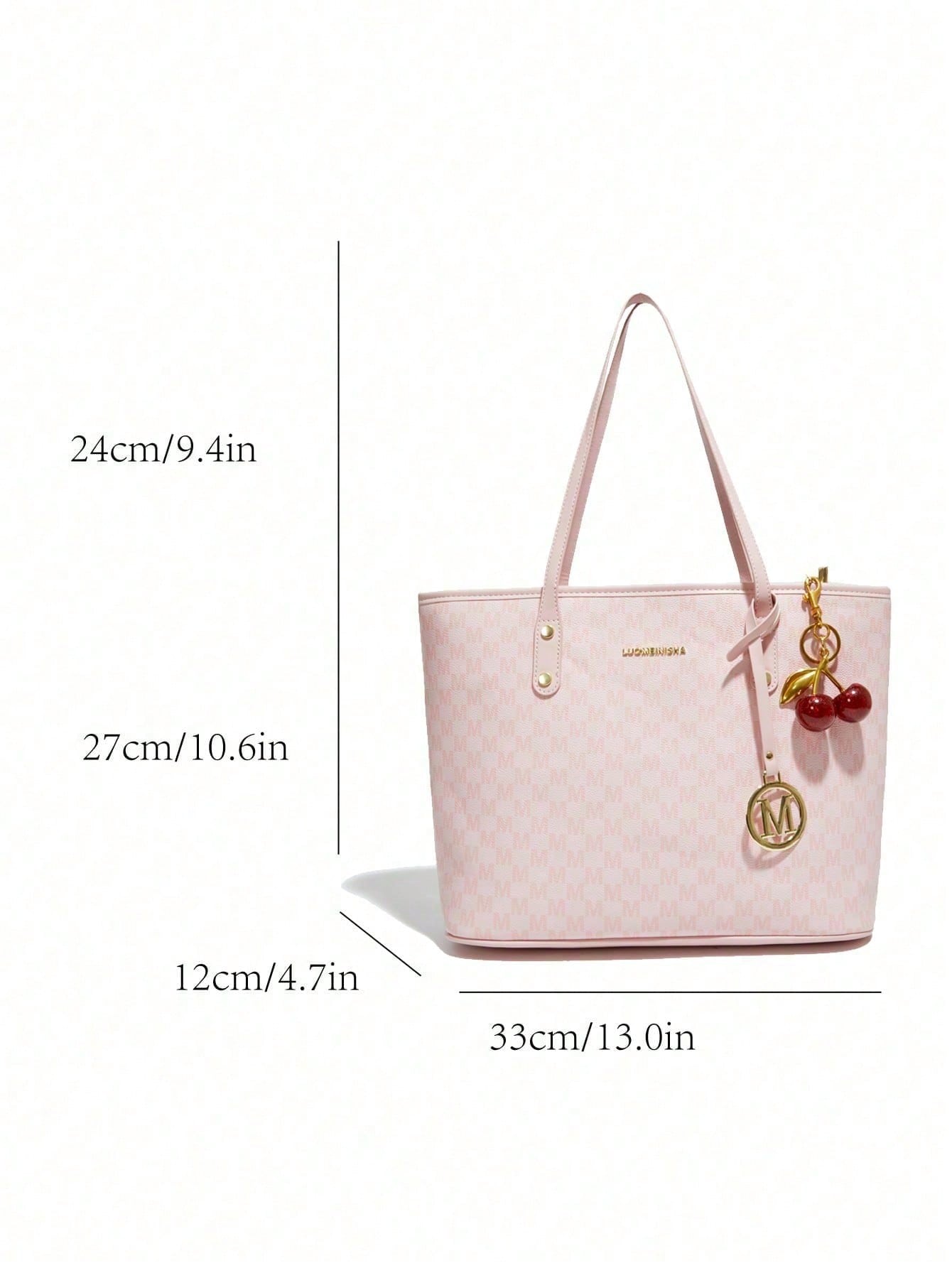 This Fashionable New Shoulder Bag Is Made Of Waterproof PU Fabric, Decorated With Letter Patterns And Cherry Charms. It Is A Large Capacity Handbag And Business Commuter Bag, Perfect For Shopping, Com