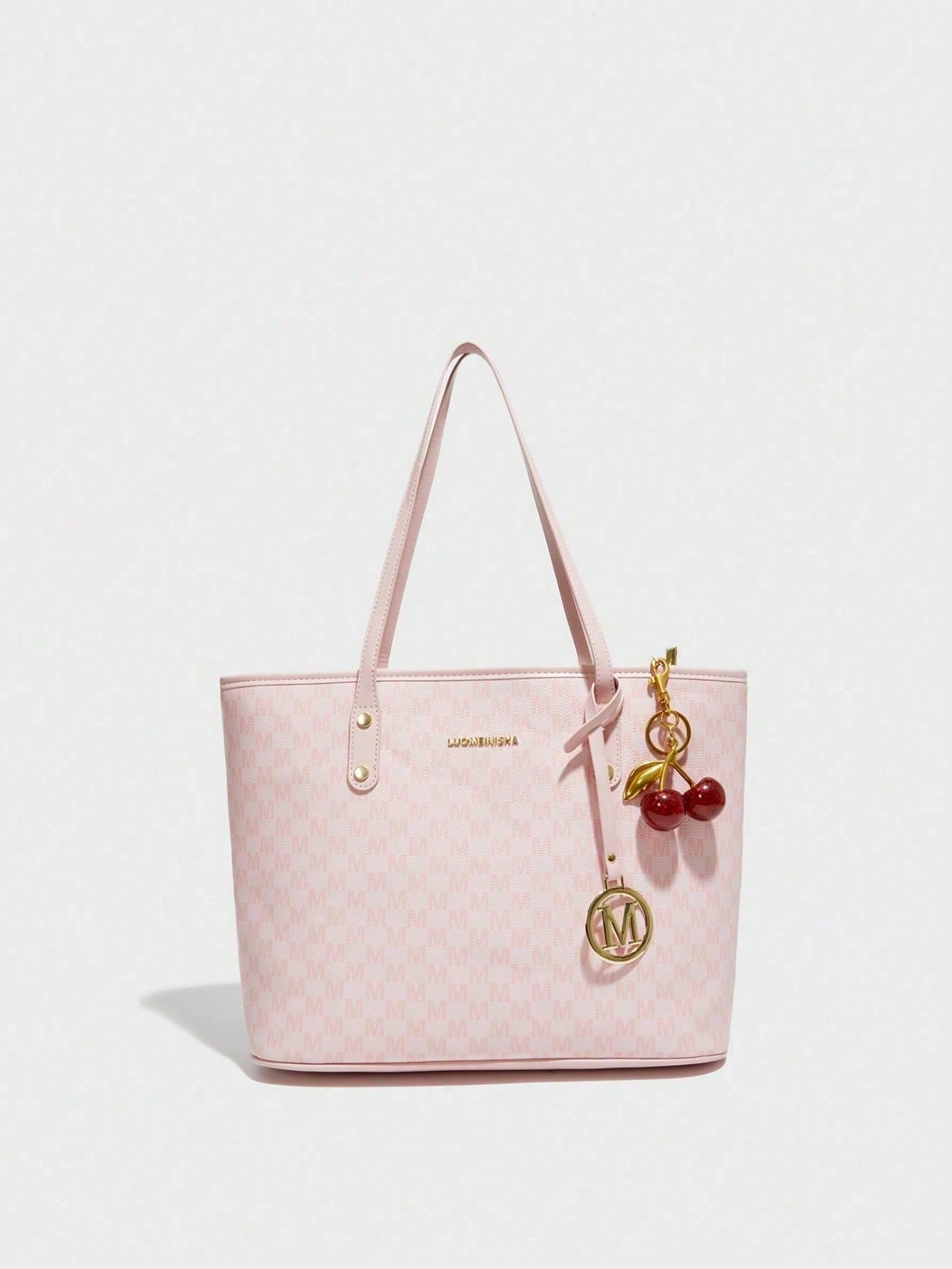 This Fashionable New Shoulder Bag Is Made Of Waterproof PU Fabric, Decorated With Letter Patterns And Cherry Charms. It Is A Large Capacity Handbag And Business Commuter Bag, Perfect For Shopping, Com