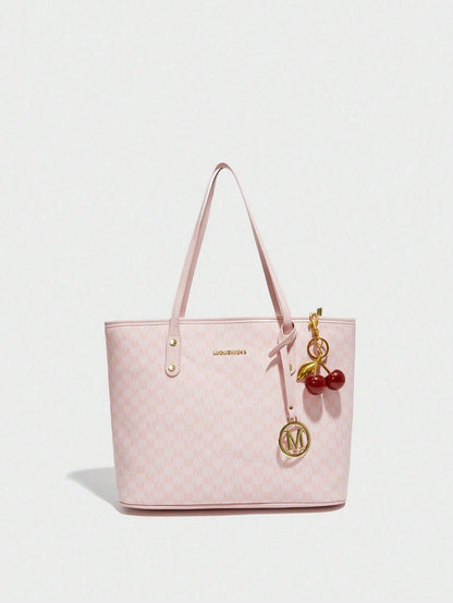 This Fashionable New Shoulder Bag Is Made Of Waterproof PU Fabric, Decorated With Letter Patterns And Cherry Charms. It Is A Large Capacity Handbag And Business Commuter Bag, Perfect For Shopping, Com