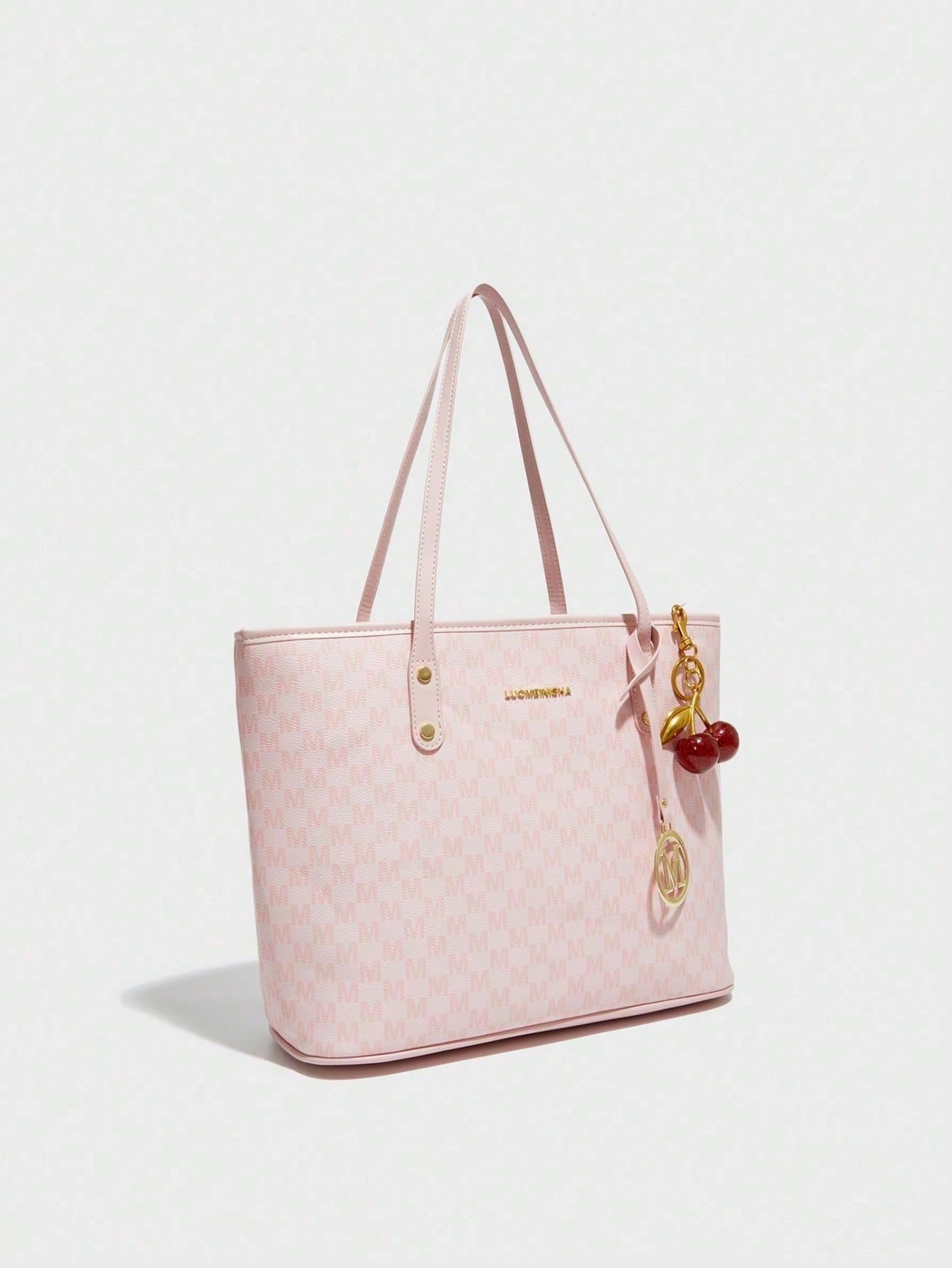 This Fashionable New Shoulder Bag Is Made Of Waterproof PU Fabric, Decorated With Letter Patterns And Cherry Charms. It Is A Large Capacity Handbag And Business Commuter Bag, Perfect For Shopping, Com