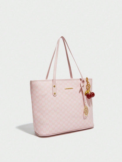 This Fashionable New Shoulder Bag Is Made Of Waterproof PU Fabric, Decorated With Letter Patterns And Cherry Charms. It Is A Large Capacity Handbag And Business Commuter Bag, Perfect For Shopping, Com