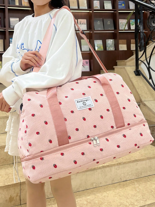 This New Corduroy Tote Bag Features A Strawberry, Hospital Bag Maternity, Travel Bag, Suitcase Luggage, Portable, Lightweight, Durable, Stylish
