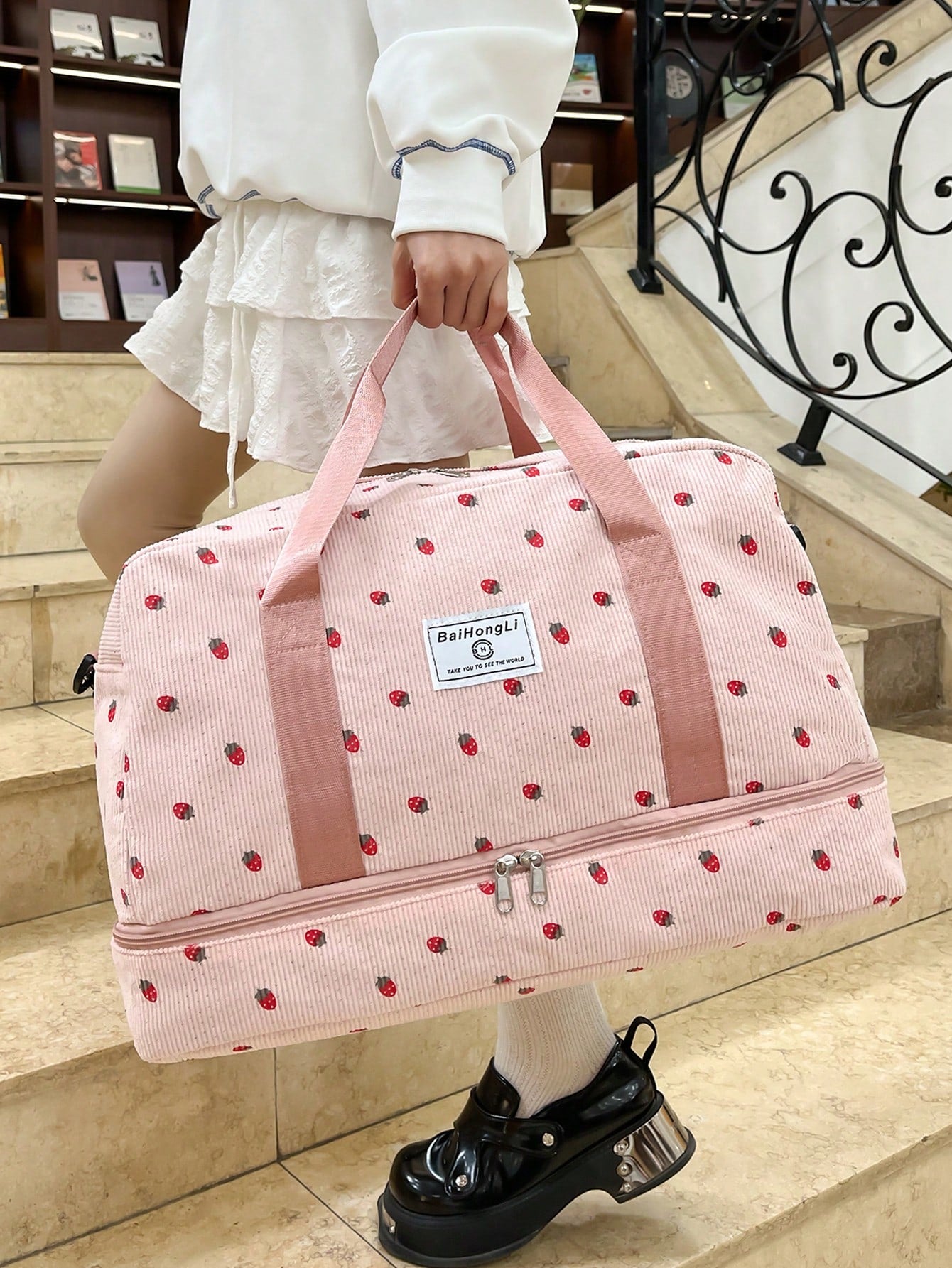 This New Corduroy Tote Bag Features A Strawberry, Hospital Bag Maternity, Travel Bag, Suitcase Luggage, Portable, Lightweight, Durable, Stylish