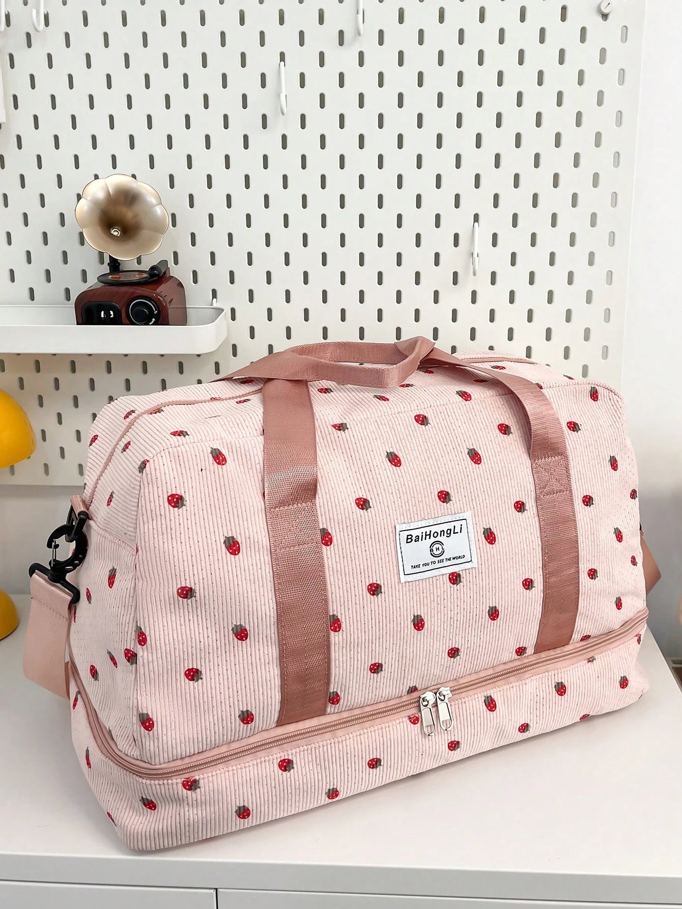 This New Corduroy Tote Bag Features A Strawberry, Hospital Bag Maternity, Travel Bag, Suitcase Luggage, Portable, Lightweight, Durable, Stylish