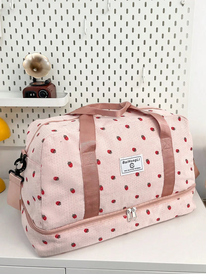 This New Corduroy Tote Bag Features A Strawberry, Hospital Bag Maternity, Travel Bag, Suitcase Luggage, Portable, Lightweight, Durable, Stylish