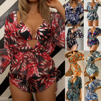 Three-Piece Bikini Set With Leaf Print, Fashionable Long-Sleeved Beach Swimsuit