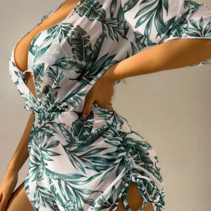 Three-Piece Bikini Set With Leaf Print, Fashionable Long-Sleeved Beach Swimsuit