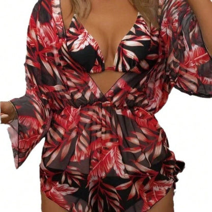 Three-Piece Bikini Set With Leaf Print, Fashionable Long-Sleeved Beach Swimsuit